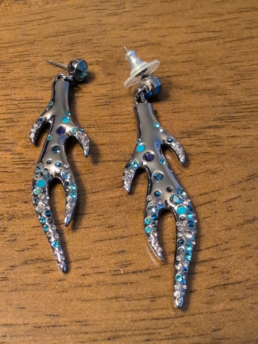 Crystal-Embellished Silver Coral Branch Drop Earrings - Blue Accent